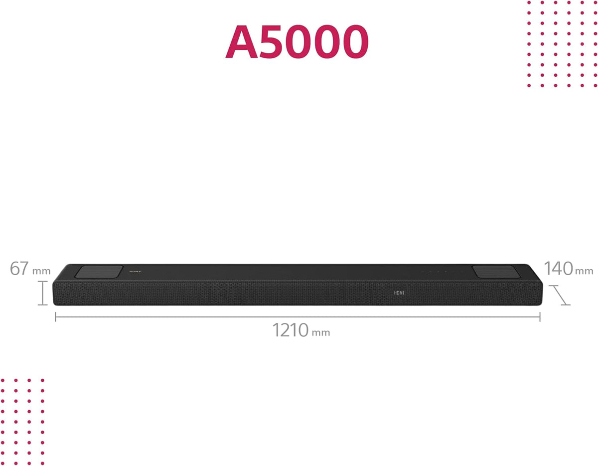 Sony HT-A5000 5.1.2-Kanal Surround Sound Dolby Atmos Premium-Soundbar mit integriertem Subwoofer (HDMI, Bluetooth, High-Res Audio, 500W Gesamtleistung), Schwarz