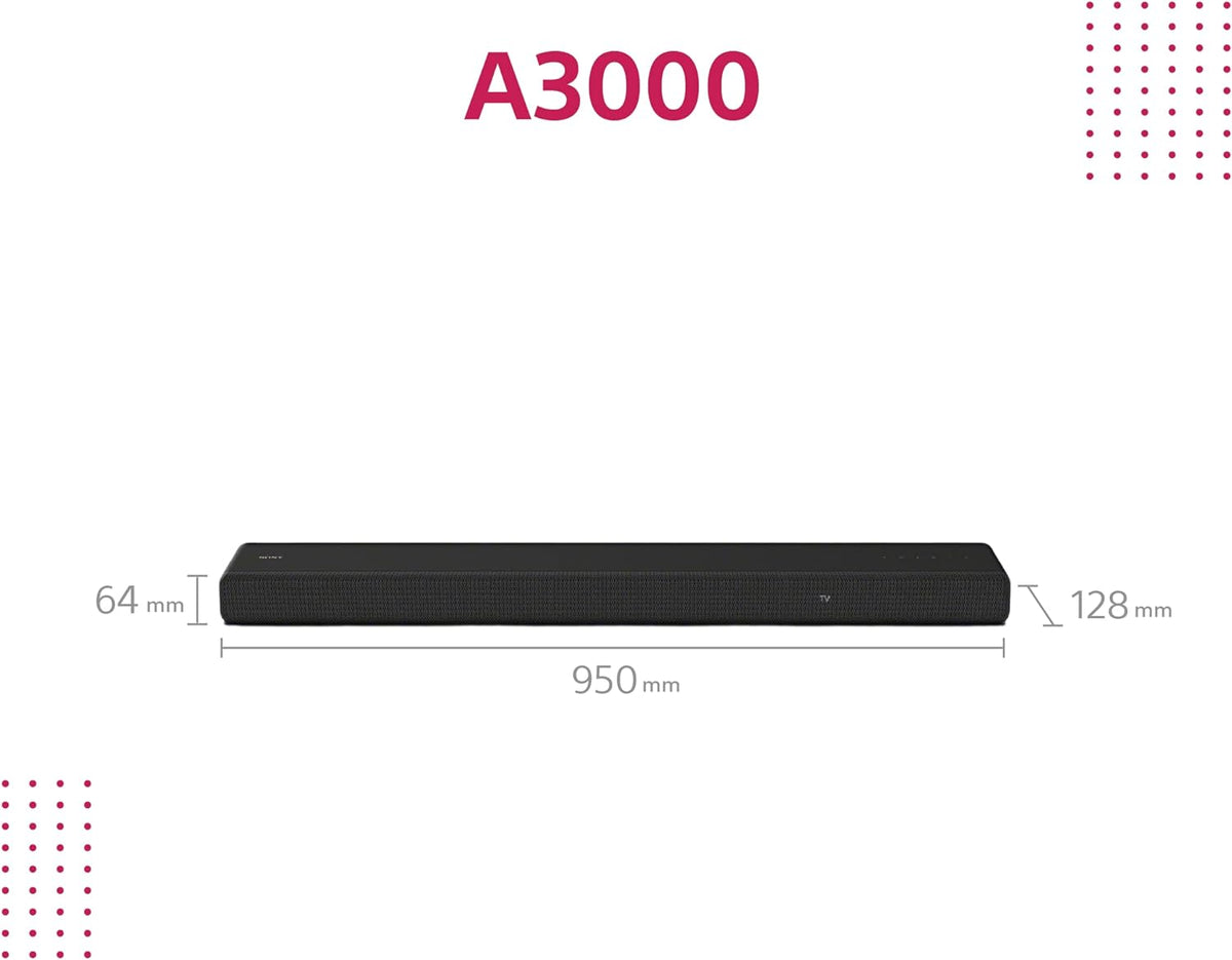 Sony HT-A3000 3.1-Kanal Dolby Atmos Soundbar mit integriertem Dual-Subwoofer und 3 X-Balanced Front-Lautsprechern inklusive speziellem Mittellautsprecher für außergewöhnliche Klarheit, Schwarz