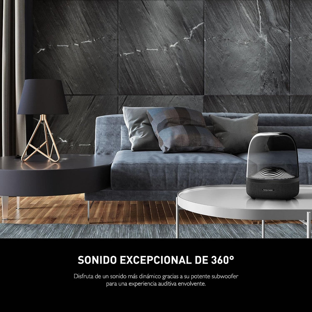 Harman Kardon Aura Studio 3 - Eleganter, kabelloser BT Lautsprecher mit Premium Design und Ambient Lighting- Schwarz